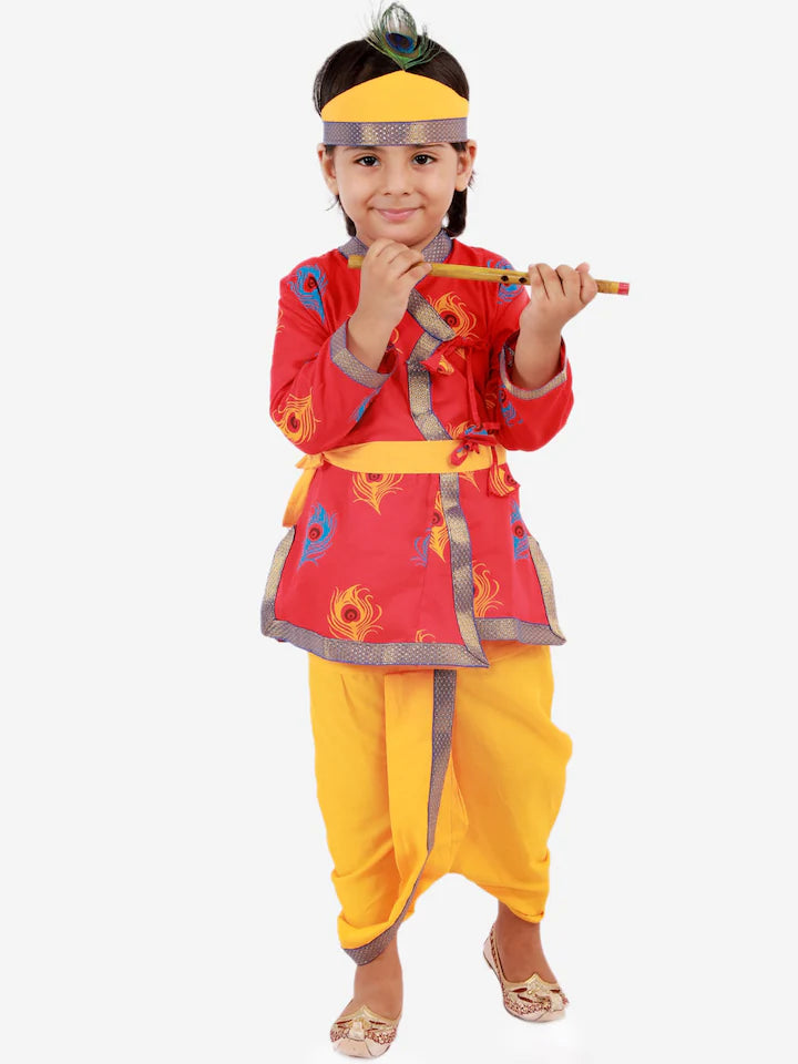 Boys RedMor Pankh Printed Kanha Angarakha Kurta With Coordinating Lace Embellished Dhoti