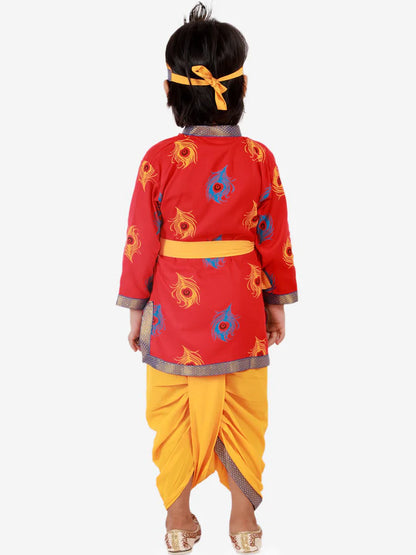 Boys RedMor Pankh Printed Kanha Angarakha Kurta With Coordinating Lace Embellished Dhoti