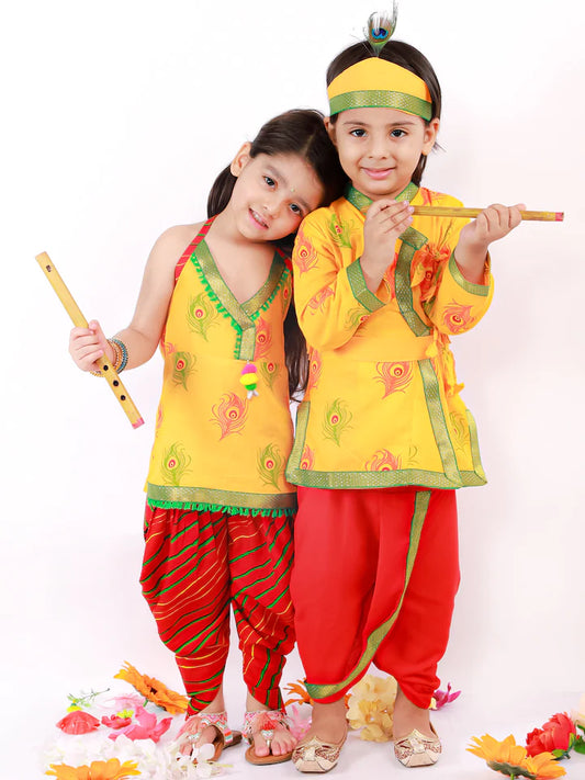 BoysMustard Yellow & RedMor Pankh Printed Kanha Angarakha Kurta With Coordinating Lace Embellished Dhoti