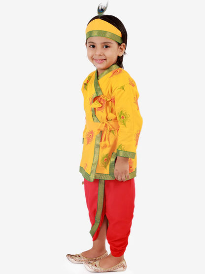 BoysMustard Yellow & RedMor Pankh Printed Kanha Angarakha Kurta With Coordinating Lace Embellished Dhoti