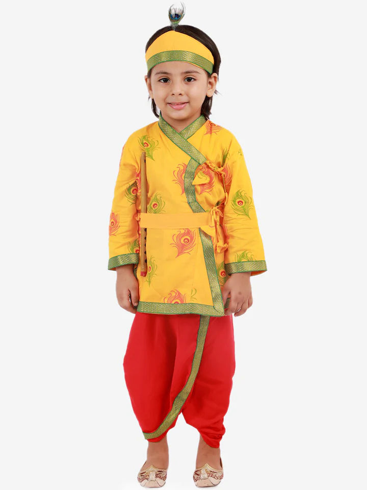 BoysMustard Yellow & RedMor Pankh Printed Kanha Angarakha Kurta With Coordinating Lace Embellished Dhoti