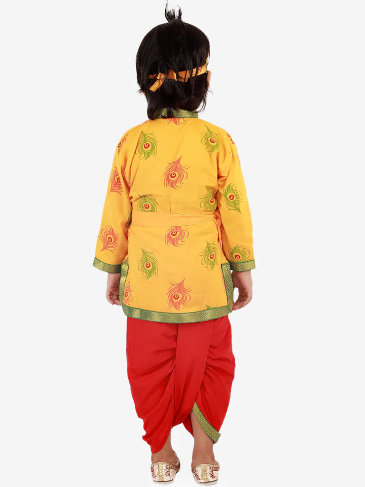 BoysMustard Yellow & RedMor Pankh Printed Kanha Angarakha Kurta With Coordinating Lace Embellished Dhoti