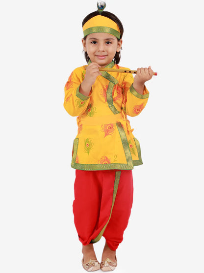 BoysMustard Yellow & RedMor Pankh Printed Kanha Angarakha Kurta With Coordinating Lace Embellished Dhoti