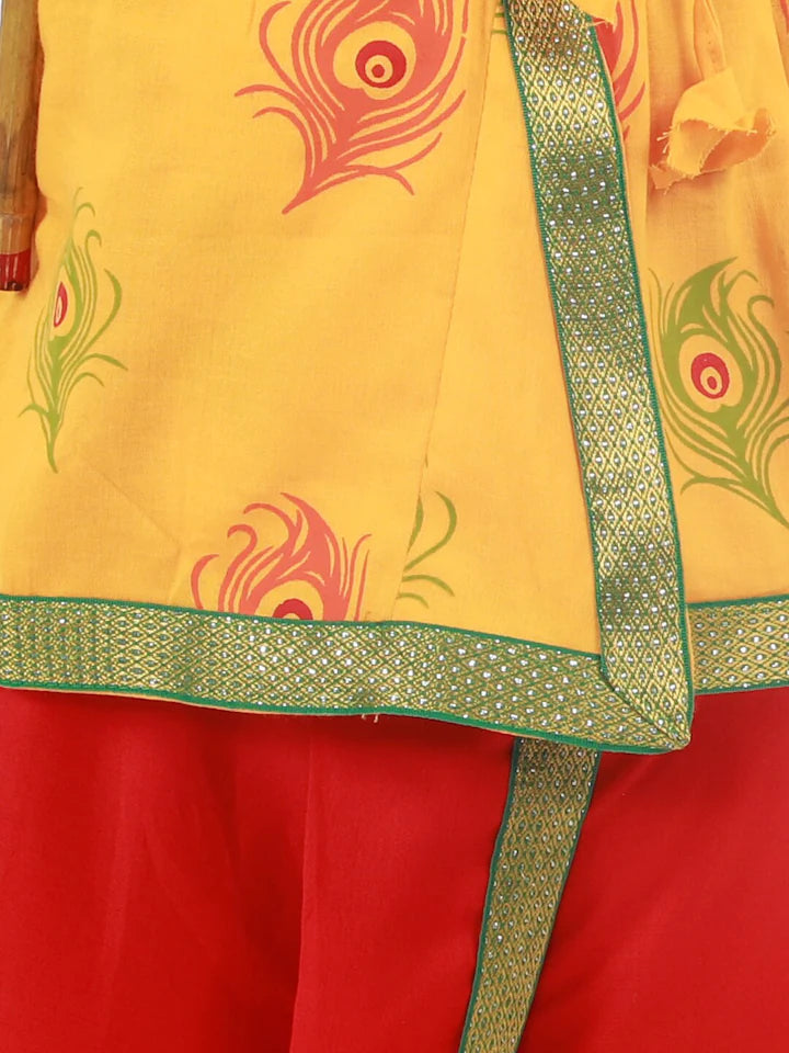 BoysMustard Yellow & RedMor Pankh Printed Kanha Angarakha Kurta With Coordinating Lace Embellished Dhoti