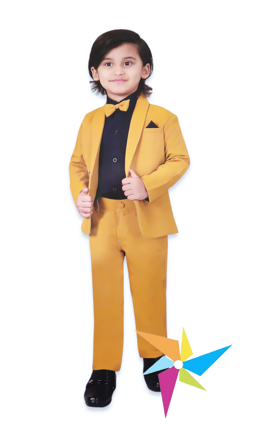 Full Sleeves Solid 4 Piece Party Suit Set -Mustard Yellow