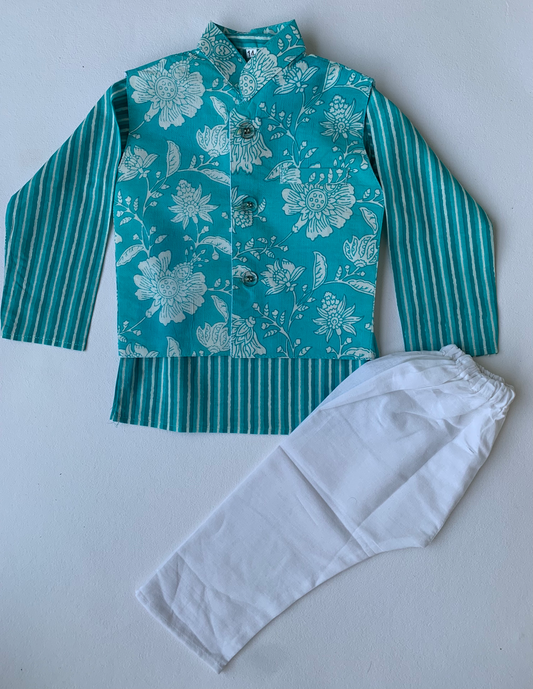 Boys Sky blue kurta pajama set with printed jacket