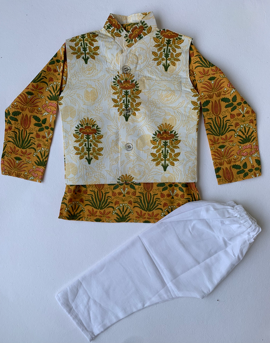 Boys yellow printed kurta pajama set with  jacket