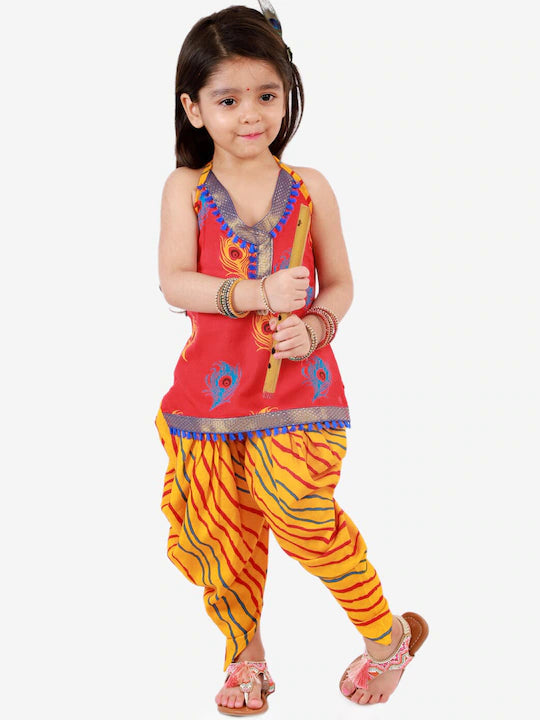 Girls Coral Red &Mustard Yellow Printed Cotton Kurti with Dhoti Pants & Accessories