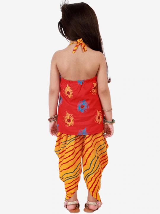 Girls Coral Red &Mustard Yellow Printed Cotton Kurti with Dhoti Pants & Accessories