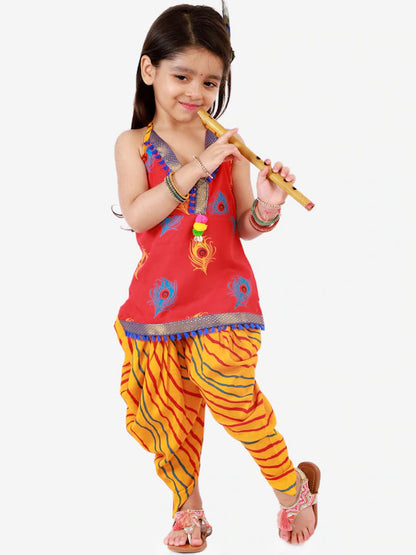 Girls Coral Red &Mustard Yellow Printed Cotton Kurti with Dhoti Pants & Accessories