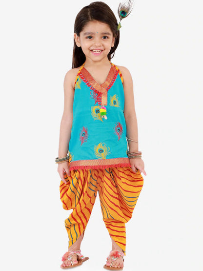 Girls Blue &Mustard Yellow Printed Cotton Kurti with Dhoti Pants & Accessories