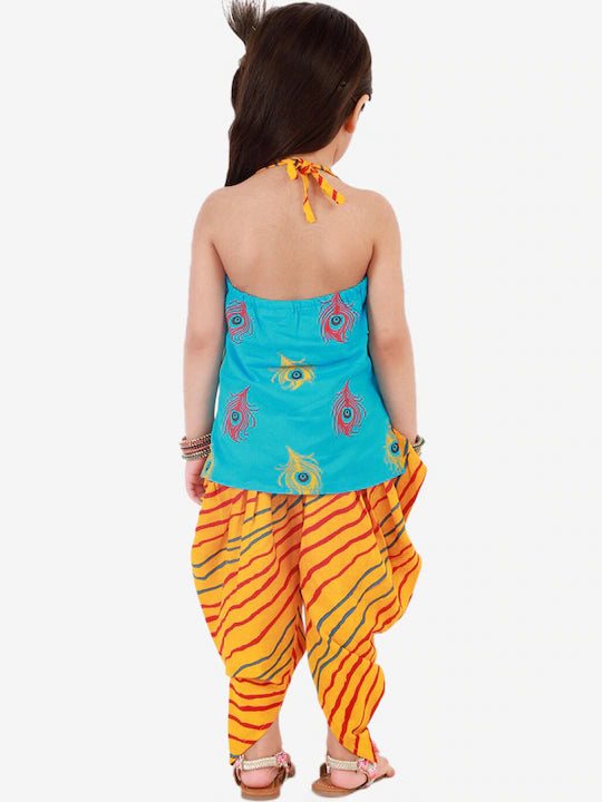 Girls Blue &Mustard Yellow Printed Cotton Kurti with Dhoti Pants & Accessories