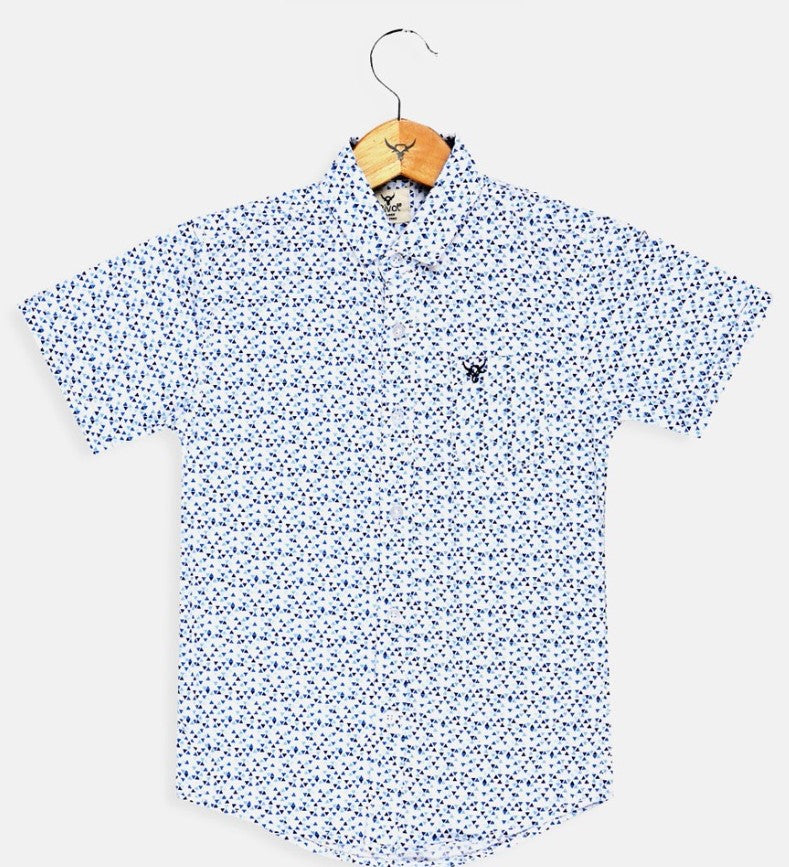 Boys triangle print white cotton shirt half sleeve