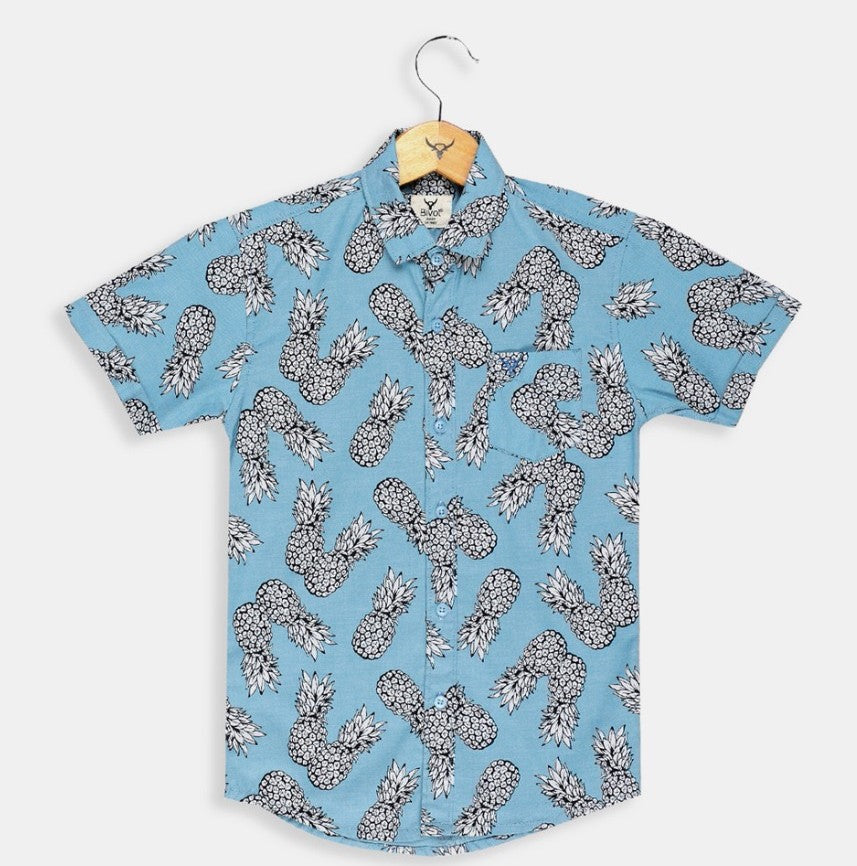 Boys sky blue with black print cotton shirt half sleeve