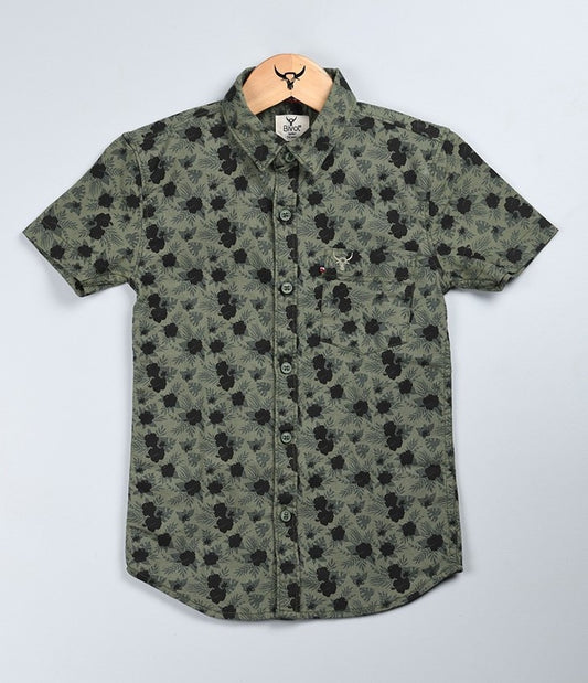 Boys olive green printed cotton shirt half sleeve