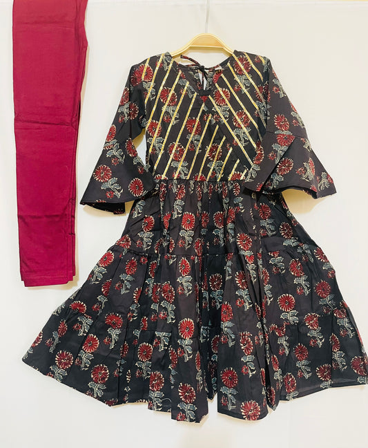 Girls Floral Anarkali suit set black &Maroon