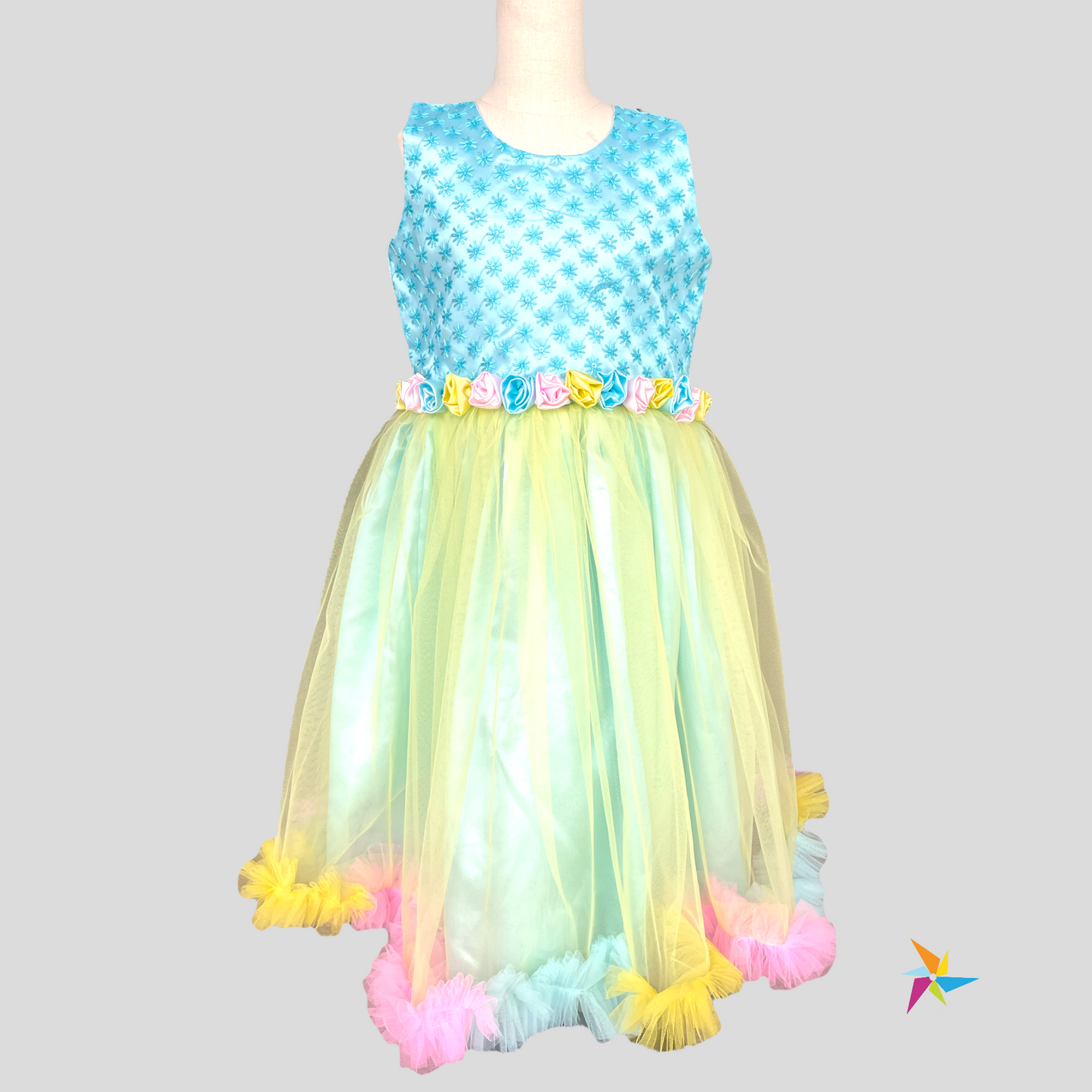 Sky blue tutu frock withMulticolour flowers