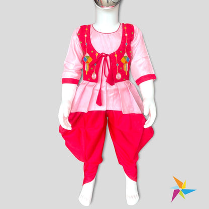 Girls Utsav embrodered high low peplum top with dhoti, pink color