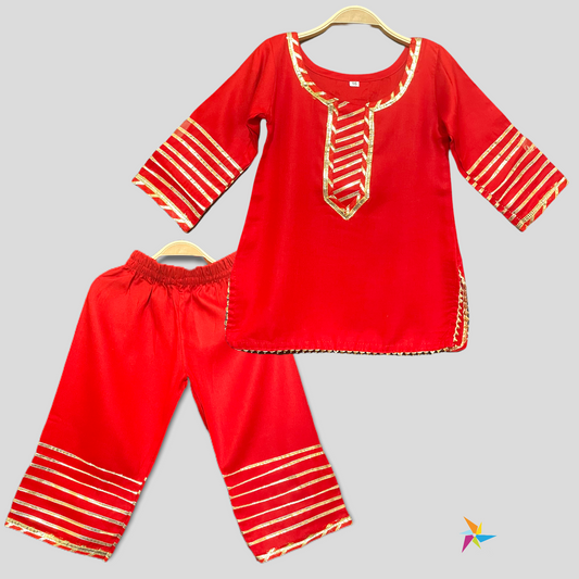 Girls kurta pant set Red Color with Gota-Patti work