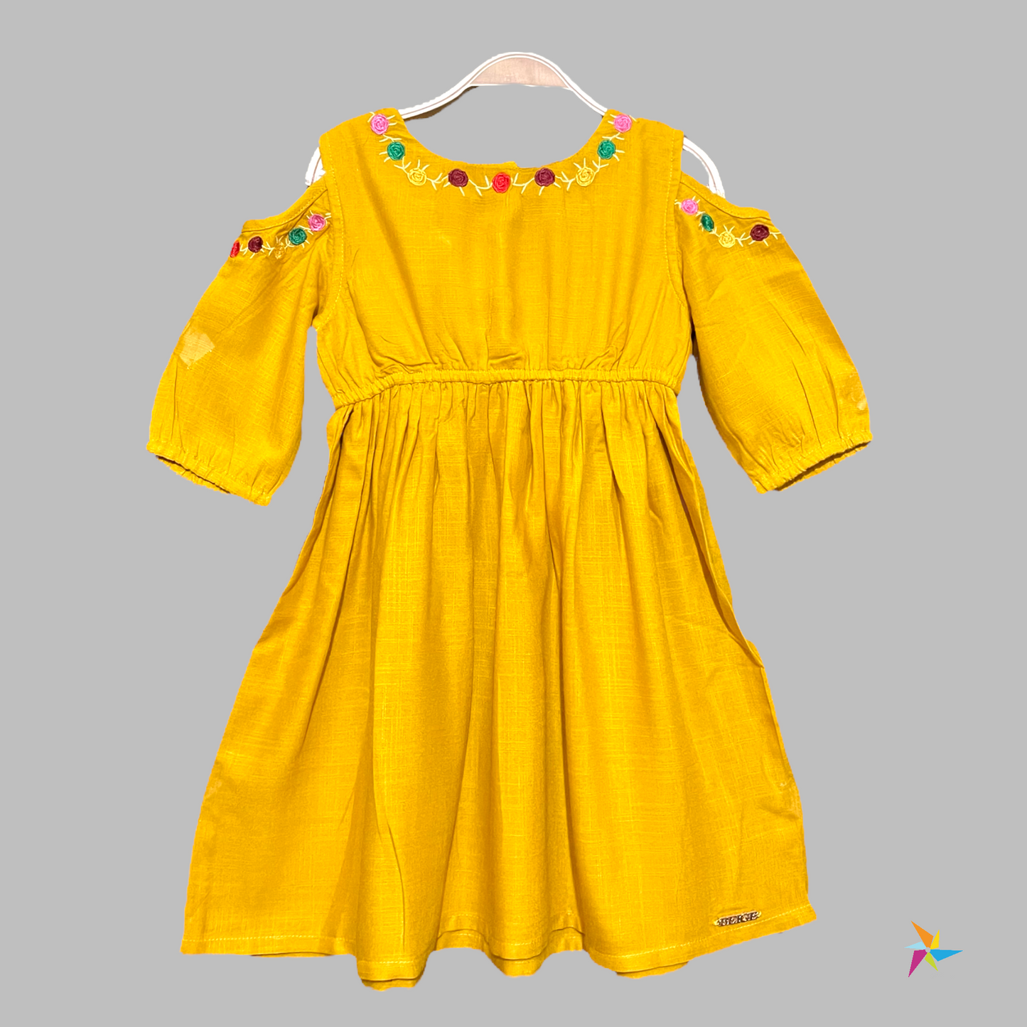 Girls yellow cold shoulder frock