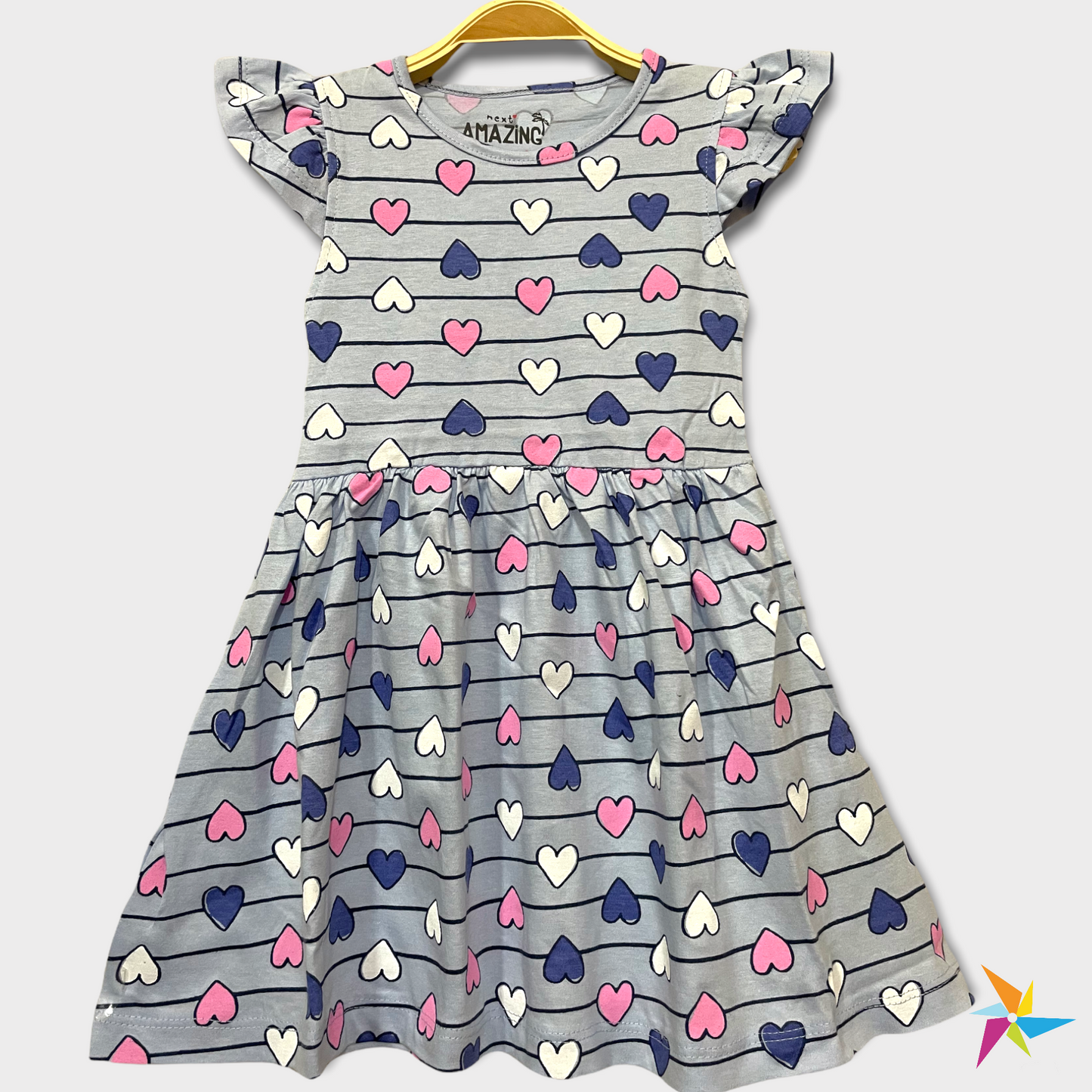 Girls heart print frill sleeve frock, Sky blue