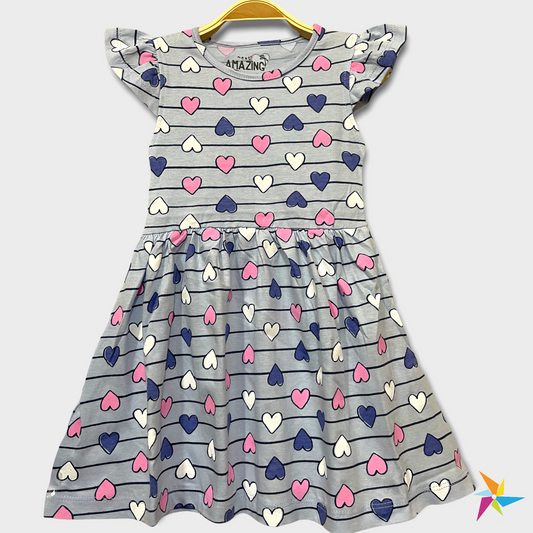 Girls heart print frill sleeve frock, Sky blue