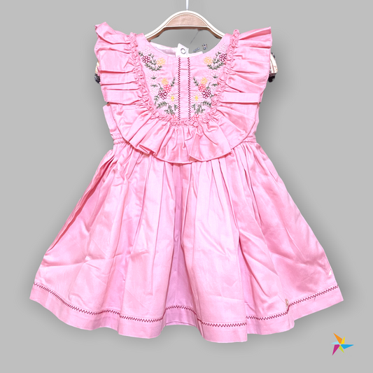 Girls Pink frock with frill neckline