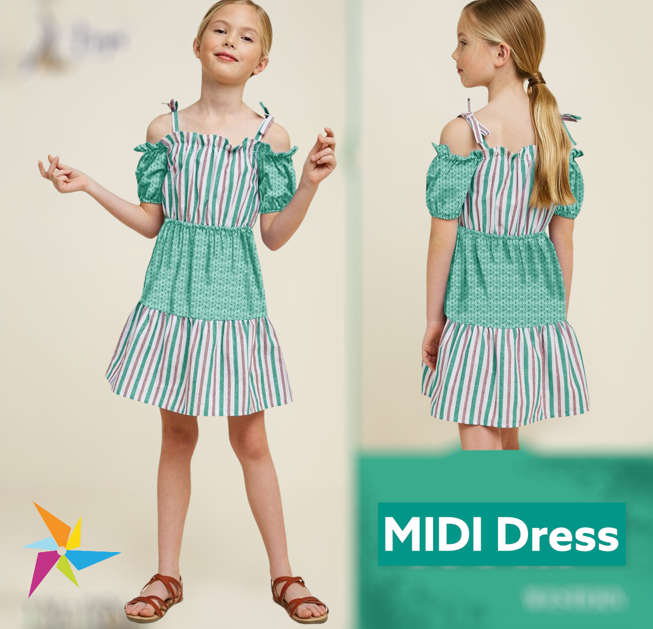 Girls strap shoulder midi dress Green