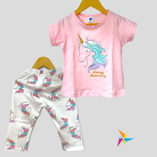 Teddy girls pink unicorn print night suit set