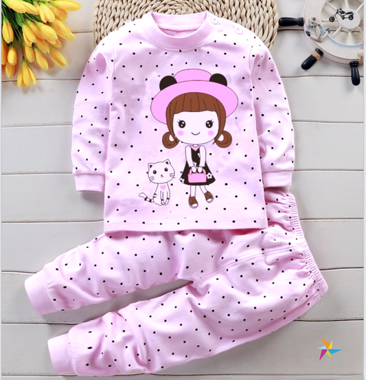 Girls cat print full sleeves cotton set Pink