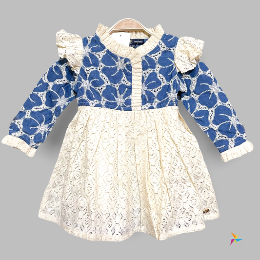 Girls self design Lace frock Blue-white