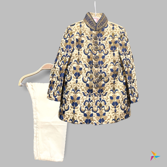 Boys party wear Sherwani beige-blue floral.