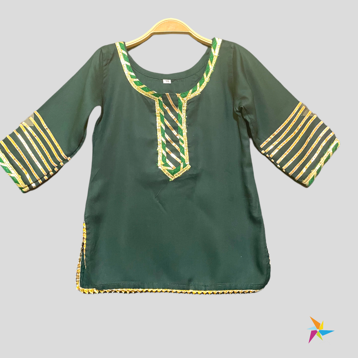 Girls kurta pant set Green color with Gota-Patti work