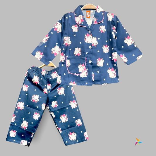 Kids night suit set Cat print Dark Blue