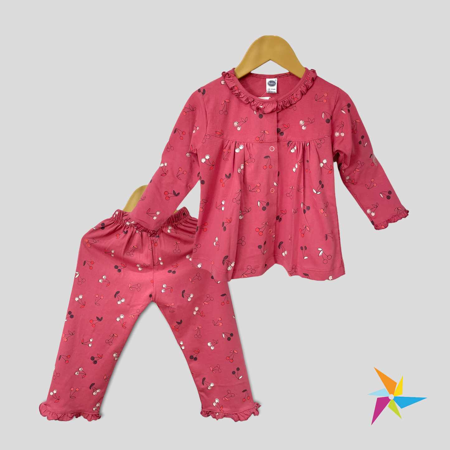 Girls red cherry print night suit set