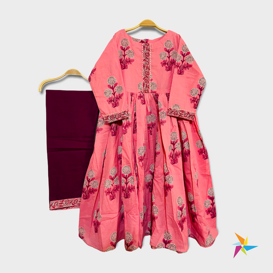 Girls Floral Anarkali suit set pink Gota Patti hem