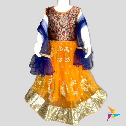 Girls sequine net lehenga choli with Dupatta blue-mustard