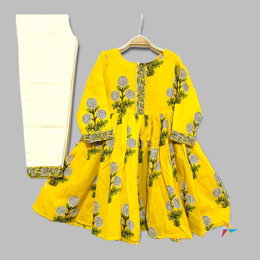 Girls Floral Anarkali suit set Yellow Gota Patti hem