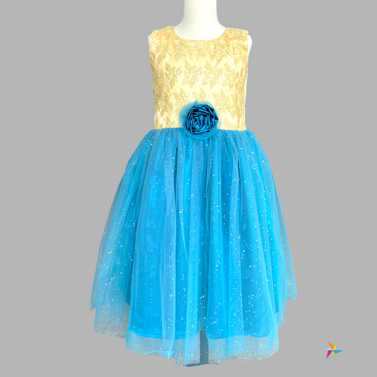 Gold-Blue party wear net frock