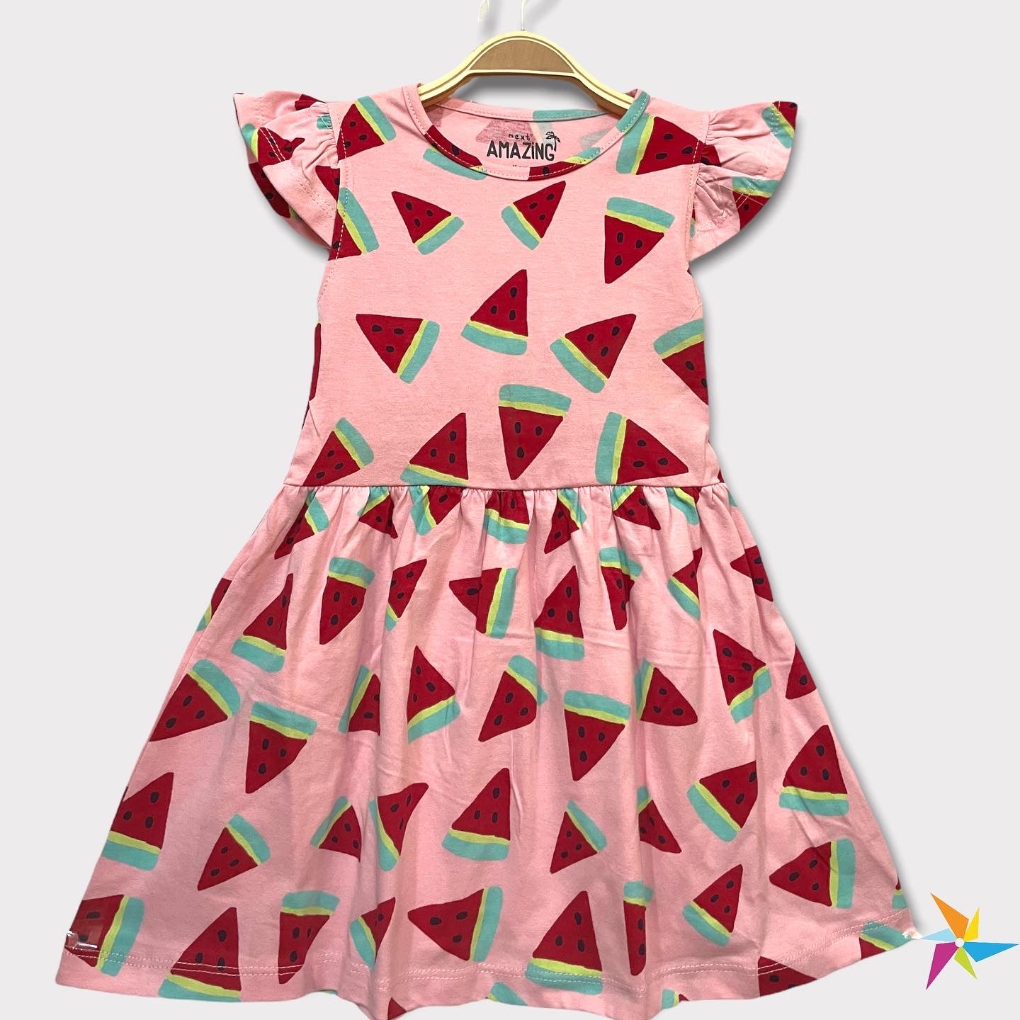 Girls watermelon print frill sleeve frock, pink