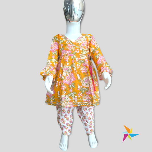 Girls yellow color floral print angrakha set