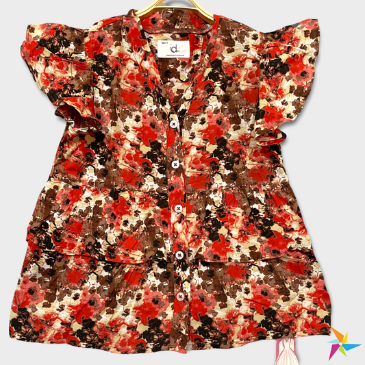 Girls frill sleeve floral print top Red Black  - with button