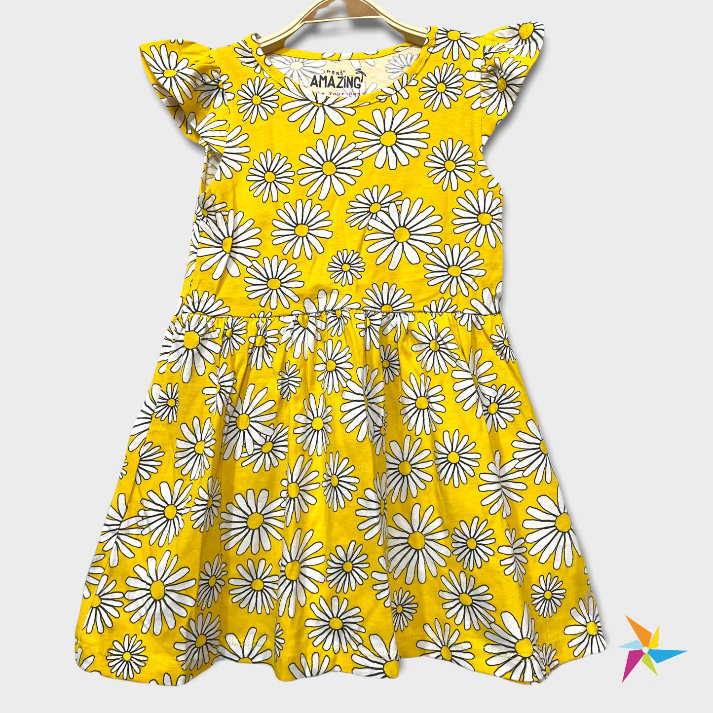 Girls floral print frill sleeve frock, yellow