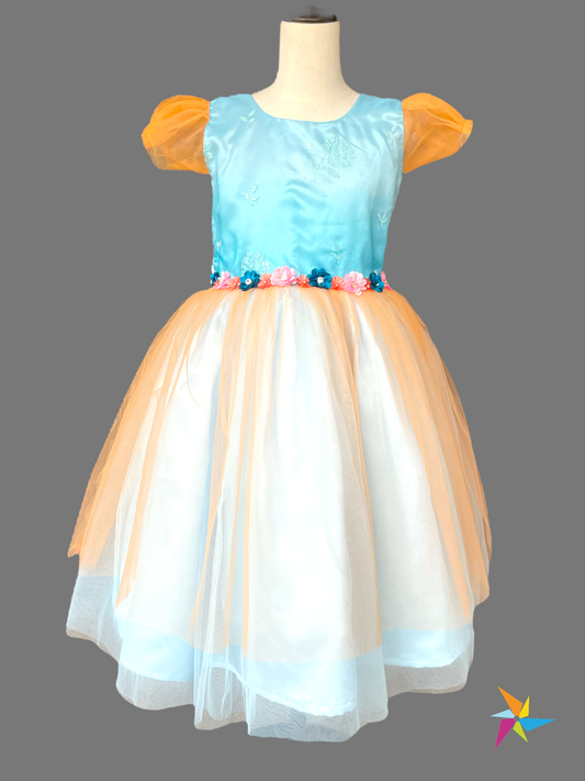 Sky blue and orange net sleeve party frock