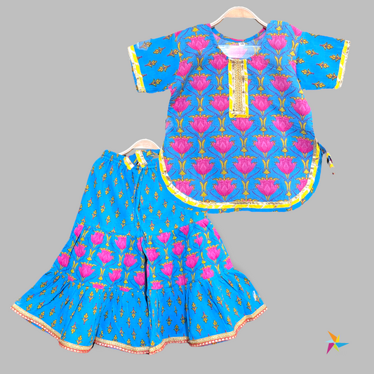 Girls Kurta Sharara set with Gota Lace work Blue