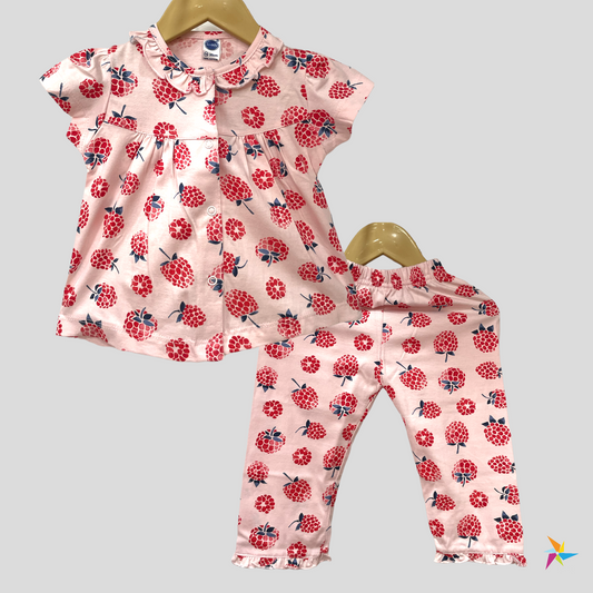 Teddy Girls strawberry print night suit set pink