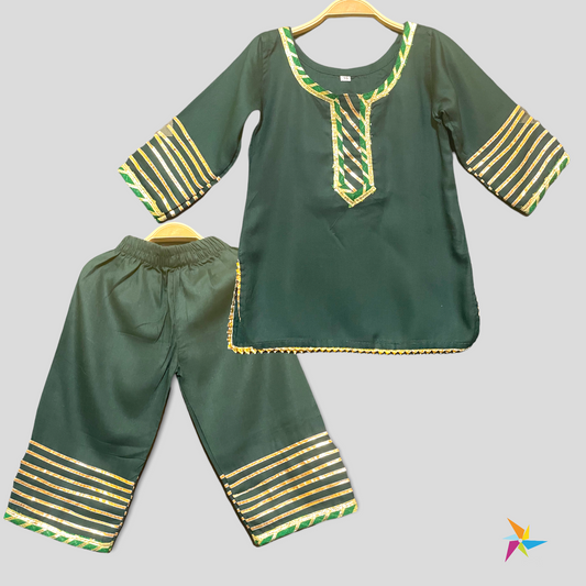 Girls kurta pant set Green color with Gota-Patti work