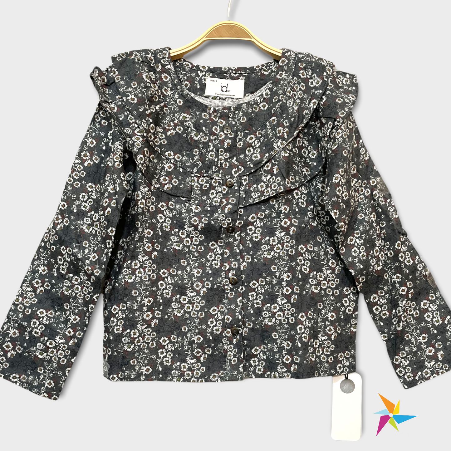 Girls floral print full sleeve frill top Grey