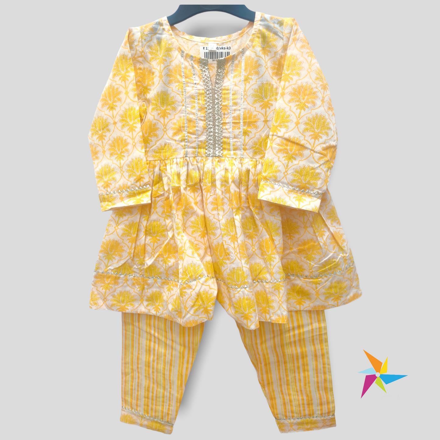 Lotus print yellow kurti pant set Girls