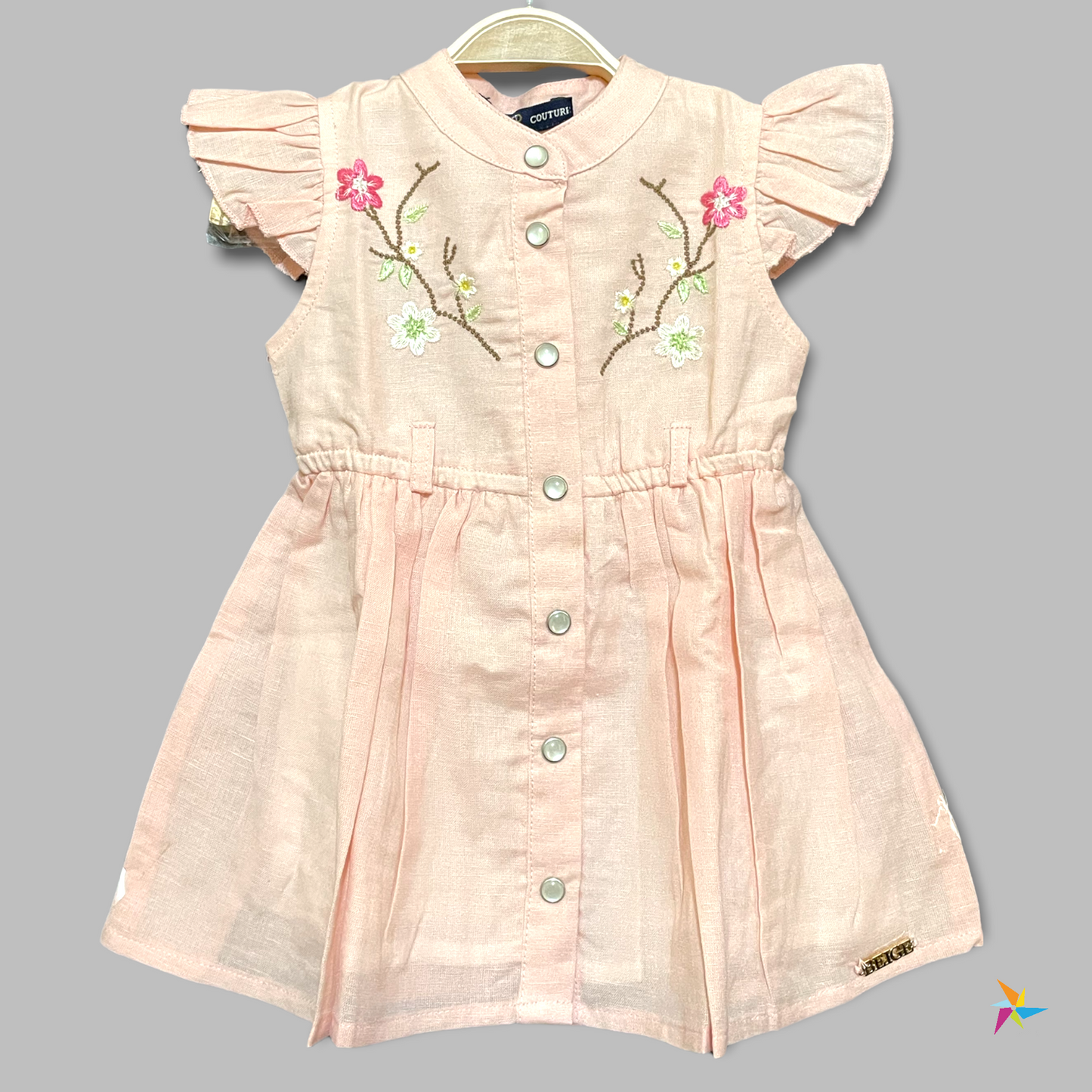 Girls Peach cotton frock with frill shoulder